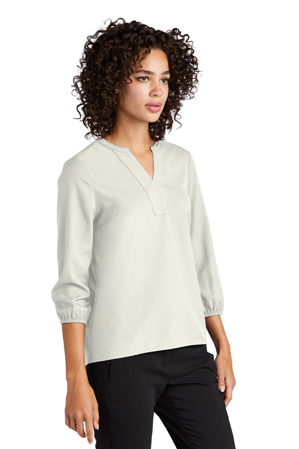 Mercer+Mettle MM2011 Womens Stretch Crepe 3/4 Sleeve Polo Shirt Ivory Chiffon White Model 3Q