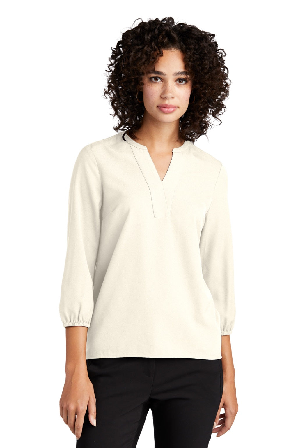 Mercer+Mettle MM2011 Womens Stretch Crepe 3/4 Sleeve Polo Shirt Ivory Chiffon White Model Front