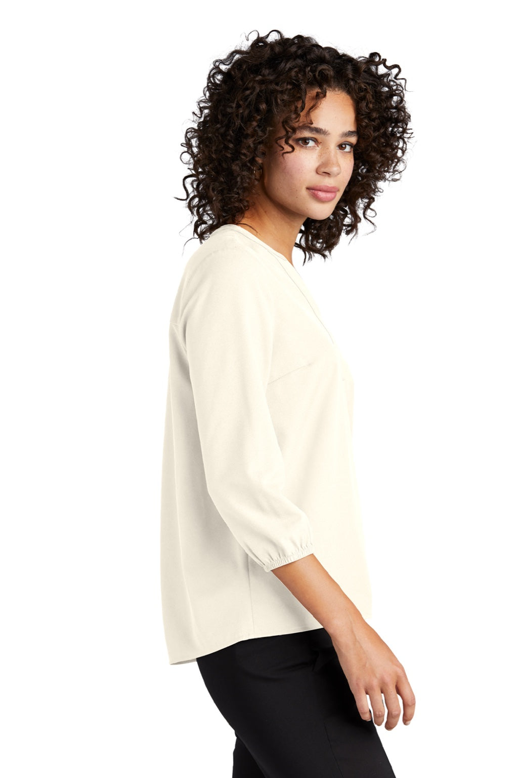 Mercer+Mettle MM2011 Womens Stretch Crepe 3/4 Sleeve Polo Shirt Ivory Chiffon White Model Side