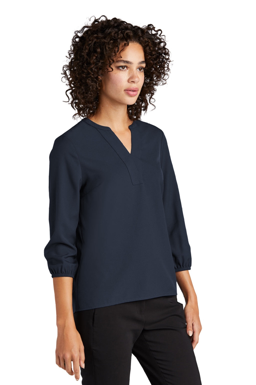 Mercer+Mettle MM2011 Womens Stretch Crepe 3/4 Sleeve Polo Shirt Night Navy Blue Model 3Q
