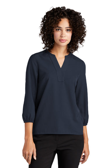 Mercer+Mettle MM2011 Womens Stretch Crepe 3/4 Sleeve Polo Shirt Night Navy Blue Model Front
