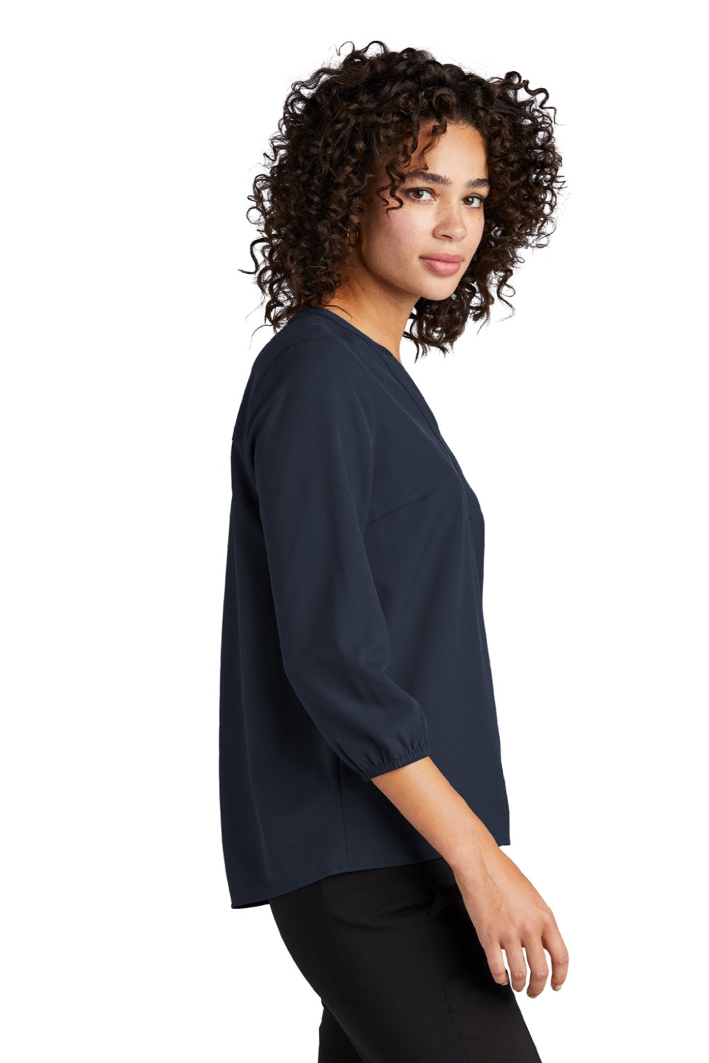 Mercer+Mettle MM2011 Womens Stretch Crepe 3/4 Sleeve Polo Shirt Night Navy Blue Model Side