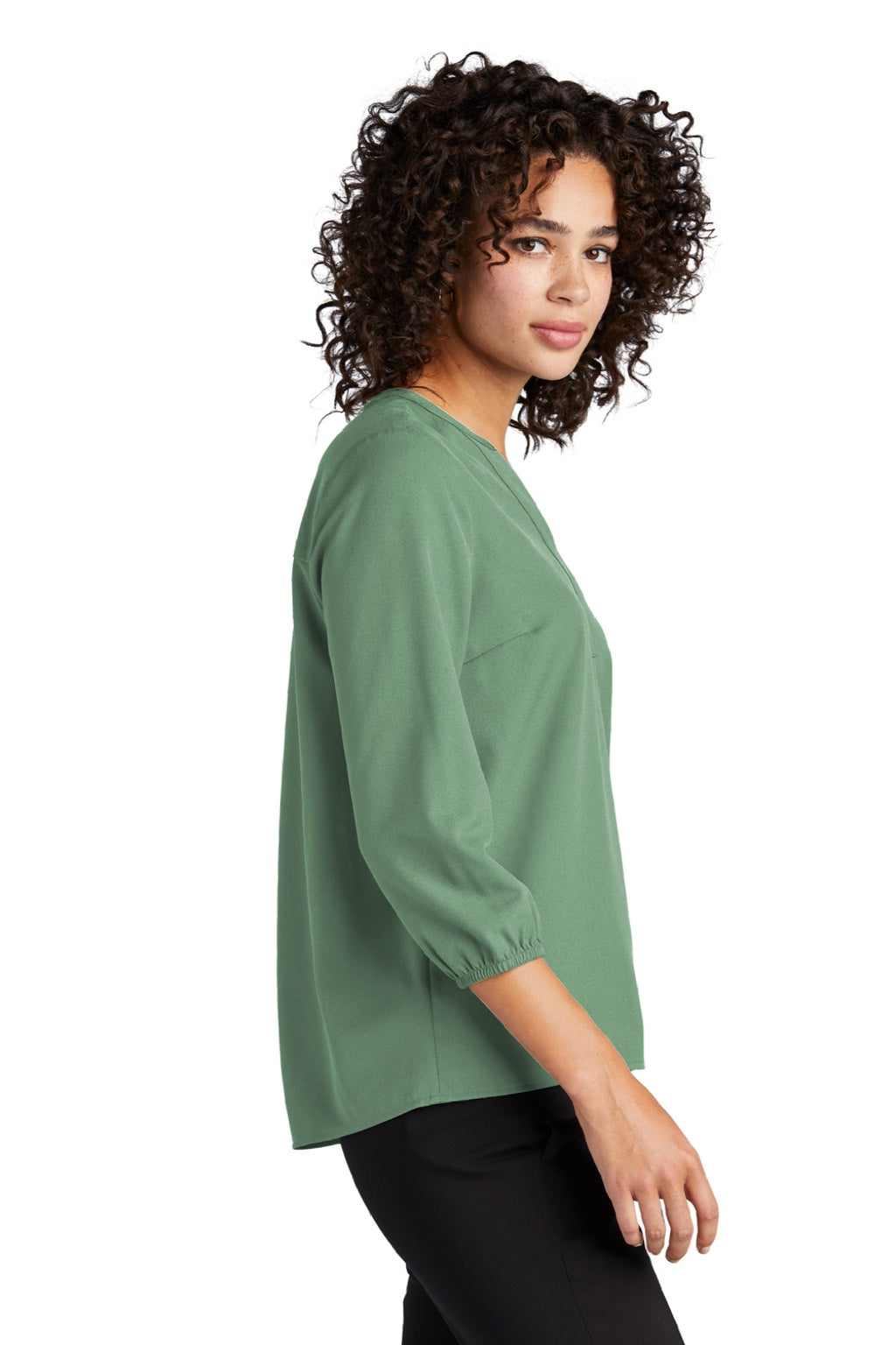 Mercer+Mettle MM2011 Womens Stretch Crepe 3/4 Sleeve Polo Shirt Sage Green Model Side