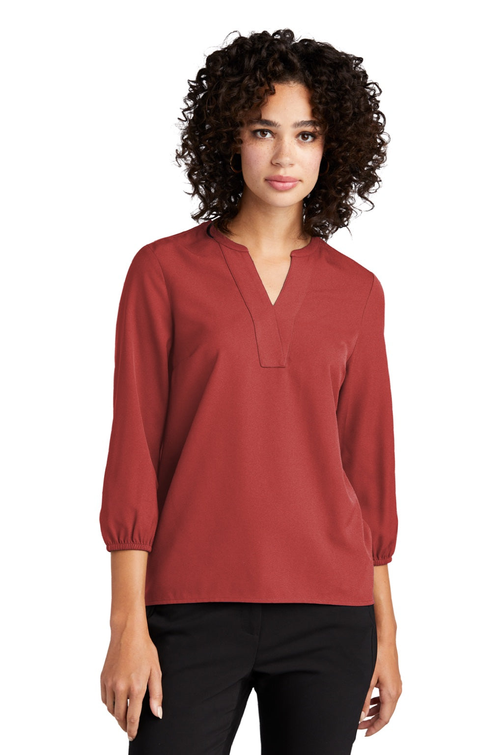 Mercer+Mettle MM2011 Womens Stretch Crepe 3/4 Sleeve Polo Shirt Terracotta Red Model Front