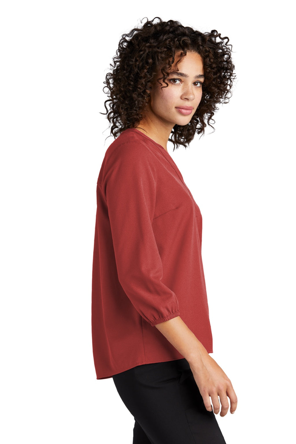 Mercer+Mettle MM2011 Womens Stretch Crepe 3/4 Sleeve Polo Shirt Terracotta Red Model Side