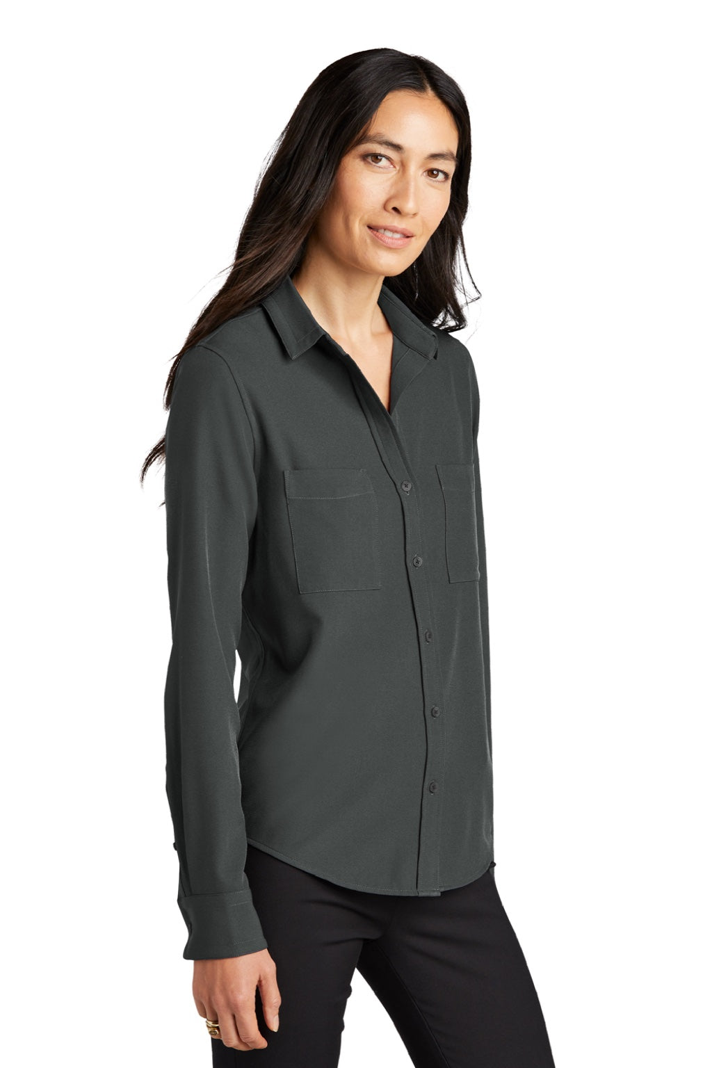 Mercer+Mettle MM2013 Womens Stretch Crepe Long Sleeve Button Down Shirt w/ Double Pockets Anchor Grey Model 3Q