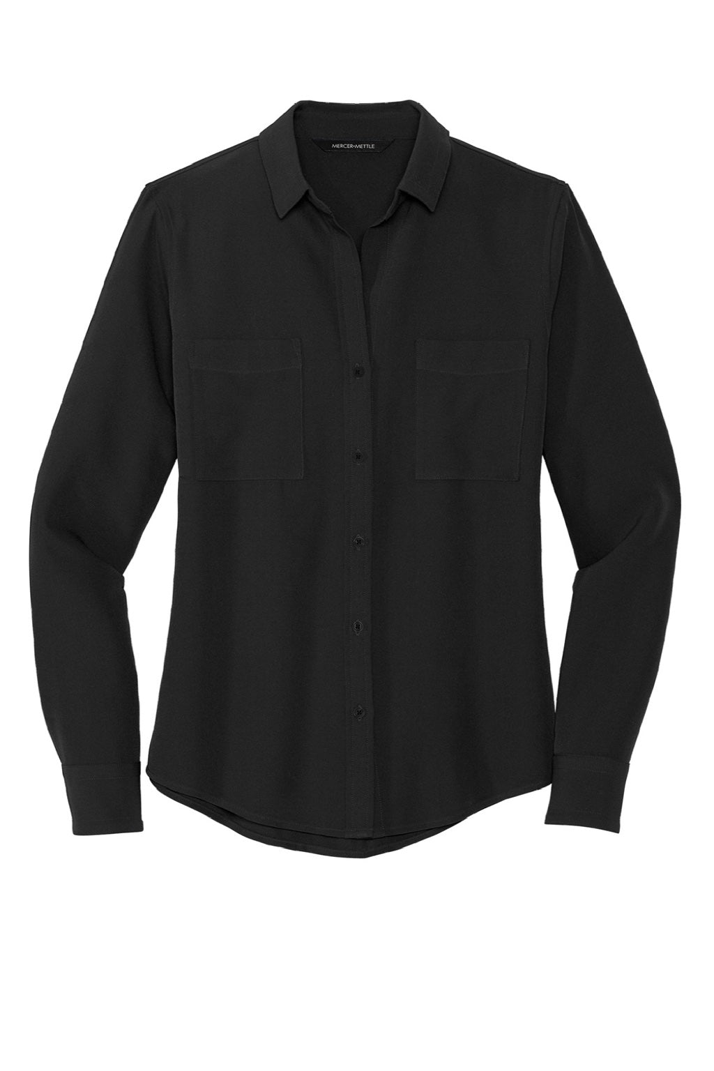 Mercer+Mettle MM2013 Stretch Crepe Long Sleeve Button Down Shirt w/ Double Pockets Deep Black Flat Front