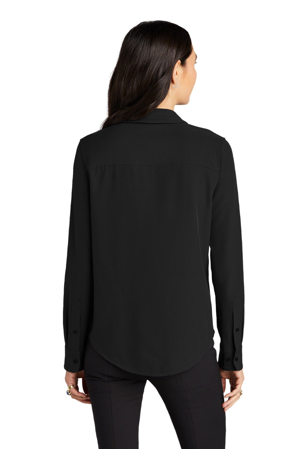 Mercer+Mettle MM2013 Womens Stretch Crepe Long Sleeve Button Down Shirt w/ Double Pockets Deep Black Model Back