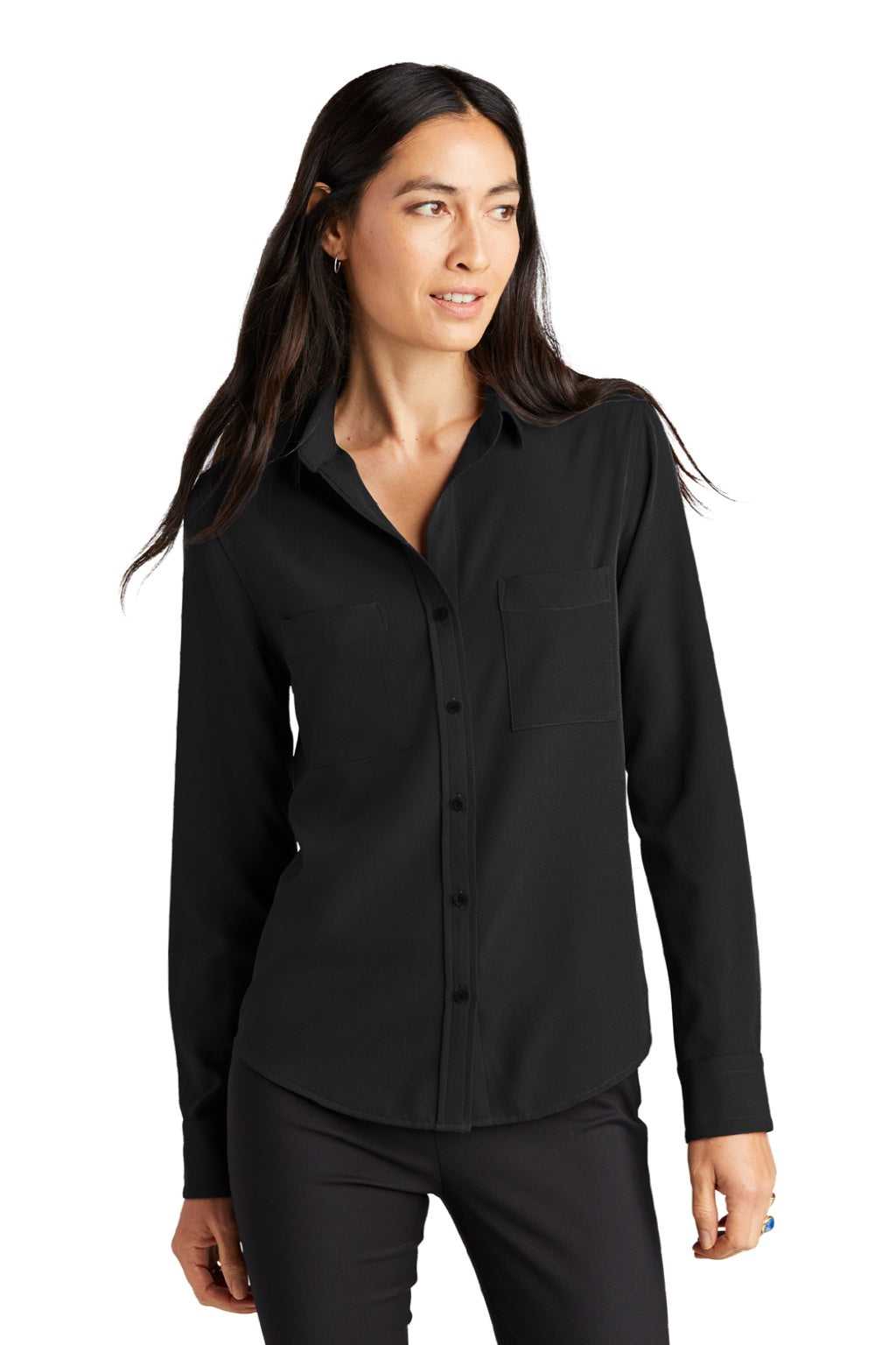 Mercer+Mettle MM2013 Womens Stretch Crepe Long Sleeve Button Down Shirt w/ Double Pockets Deep Black Model Front