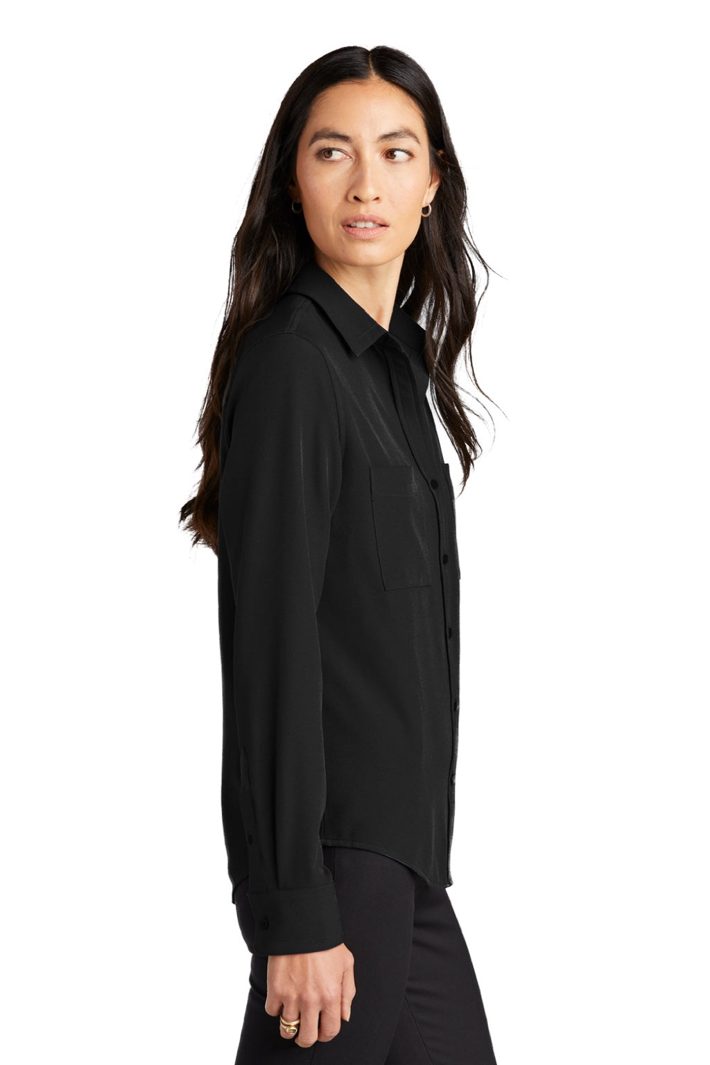 Mercer+Mettle MM2013 Womens Stretch Crepe Long Sleeve Button Down Shirt w/ Double Pockets Deep Black Model Side