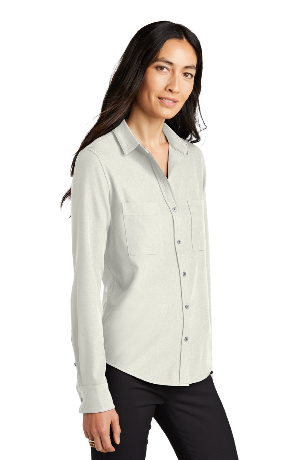 Mercer+Mettle MM2013 Womens Stretch Crepe Long Sleeve Button Down Shirt w/ Double Pockets Ivory Chiffon White Model 3Q
