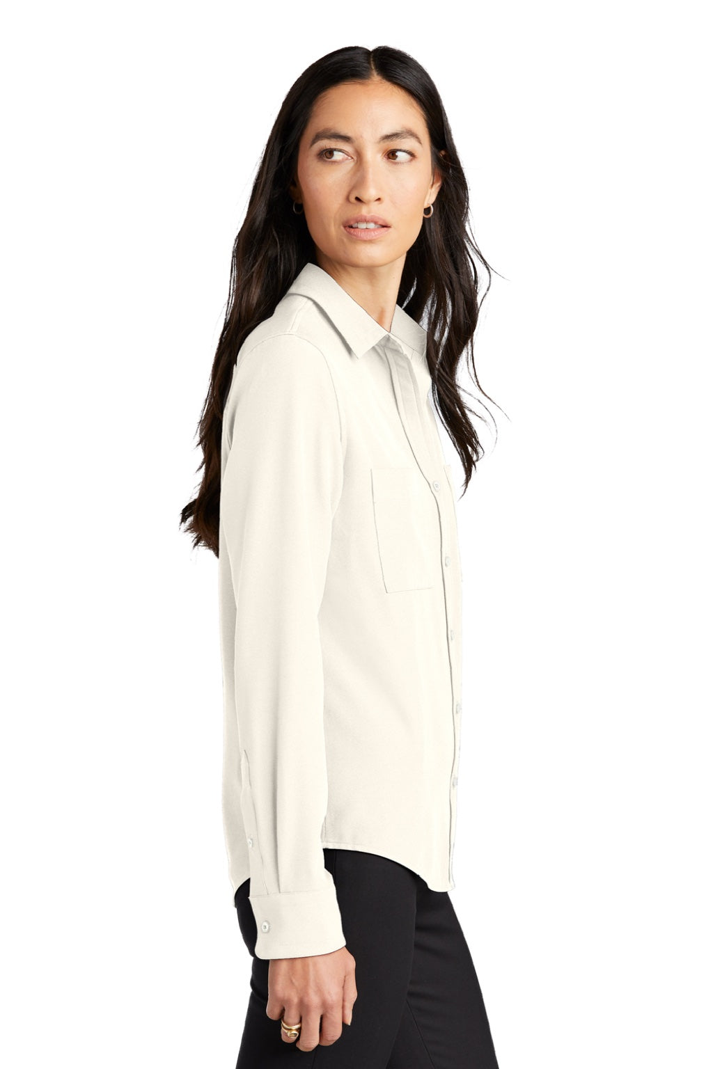 Mercer+Mettle MM2013 Womens Stretch Crepe Long Sleeve Button Down Shirt w/ Double Pockets Ivory Chiffon White Model Side