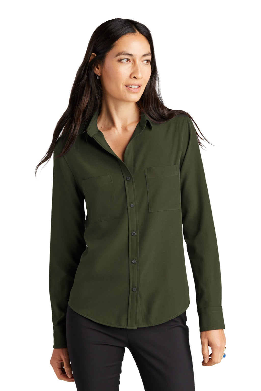 Mercer+Mettle MM2013 Womens Stretch Crepe Long Sleeve Button Down Shirt w/ Double Pockets Townsend Green Model Front