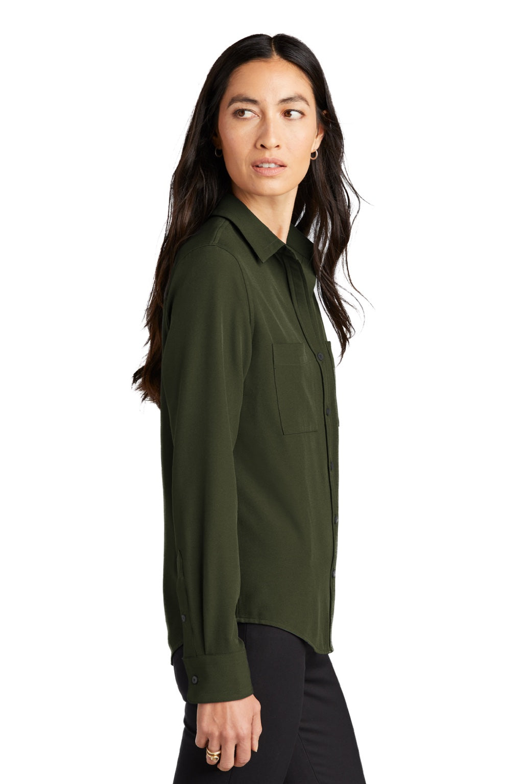 Mercer+Mettle MM2013 Womens Stretch Crepe Long Sleeve Button Down Shirt w/ Double Pockets Townsend Green Model Side