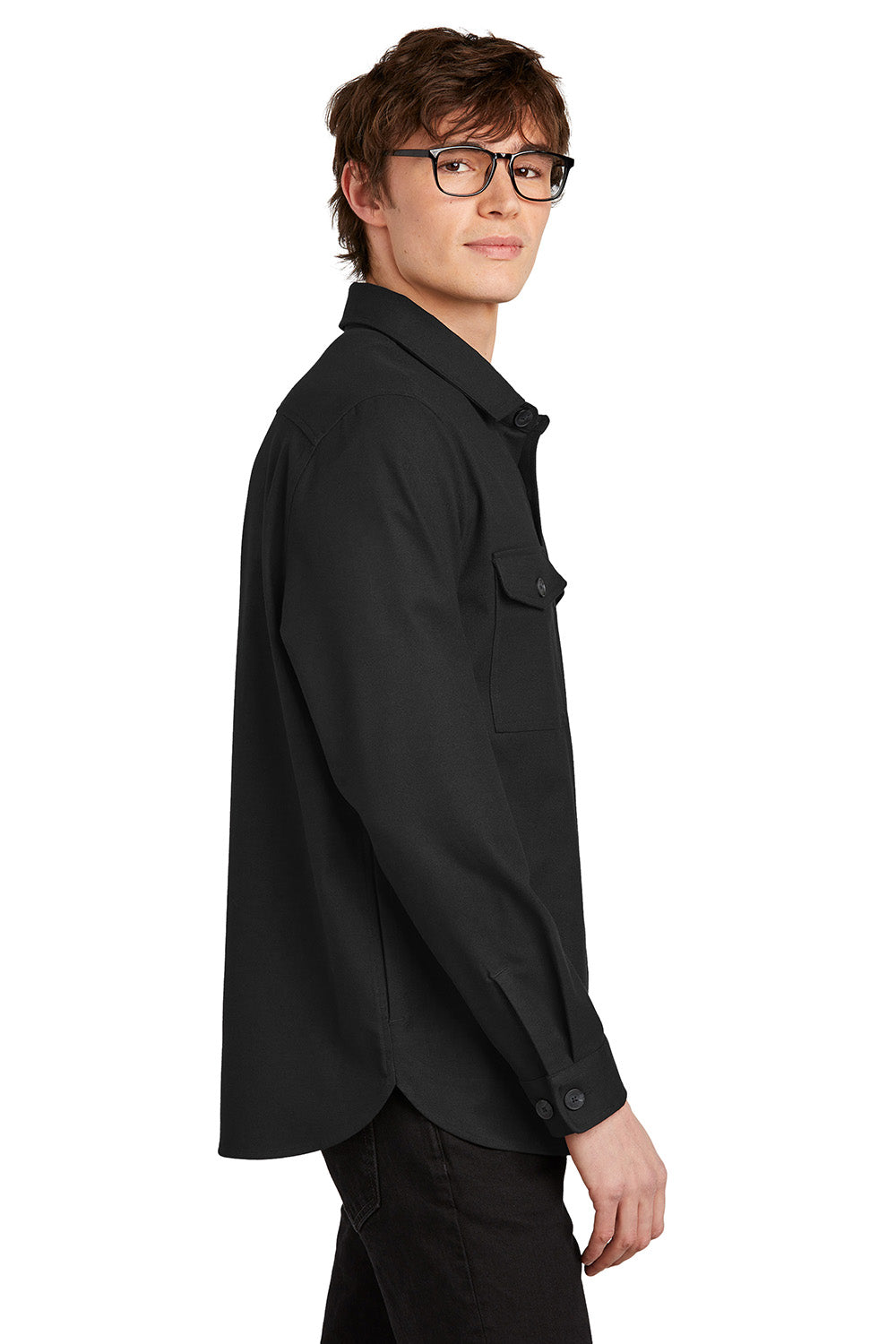 Mercer+Mettle MM2020 Mens Twill Long Sleeve Button Down Shirt w/ Pockets Deep Black Model Side