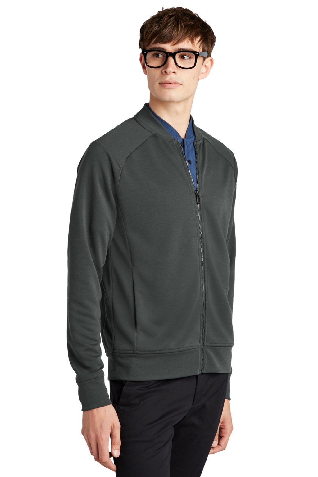 Mercer+Mettle MM3000 Mens Double Knit Full Zip Bomber Jacket Anchor Grey Model 3Q