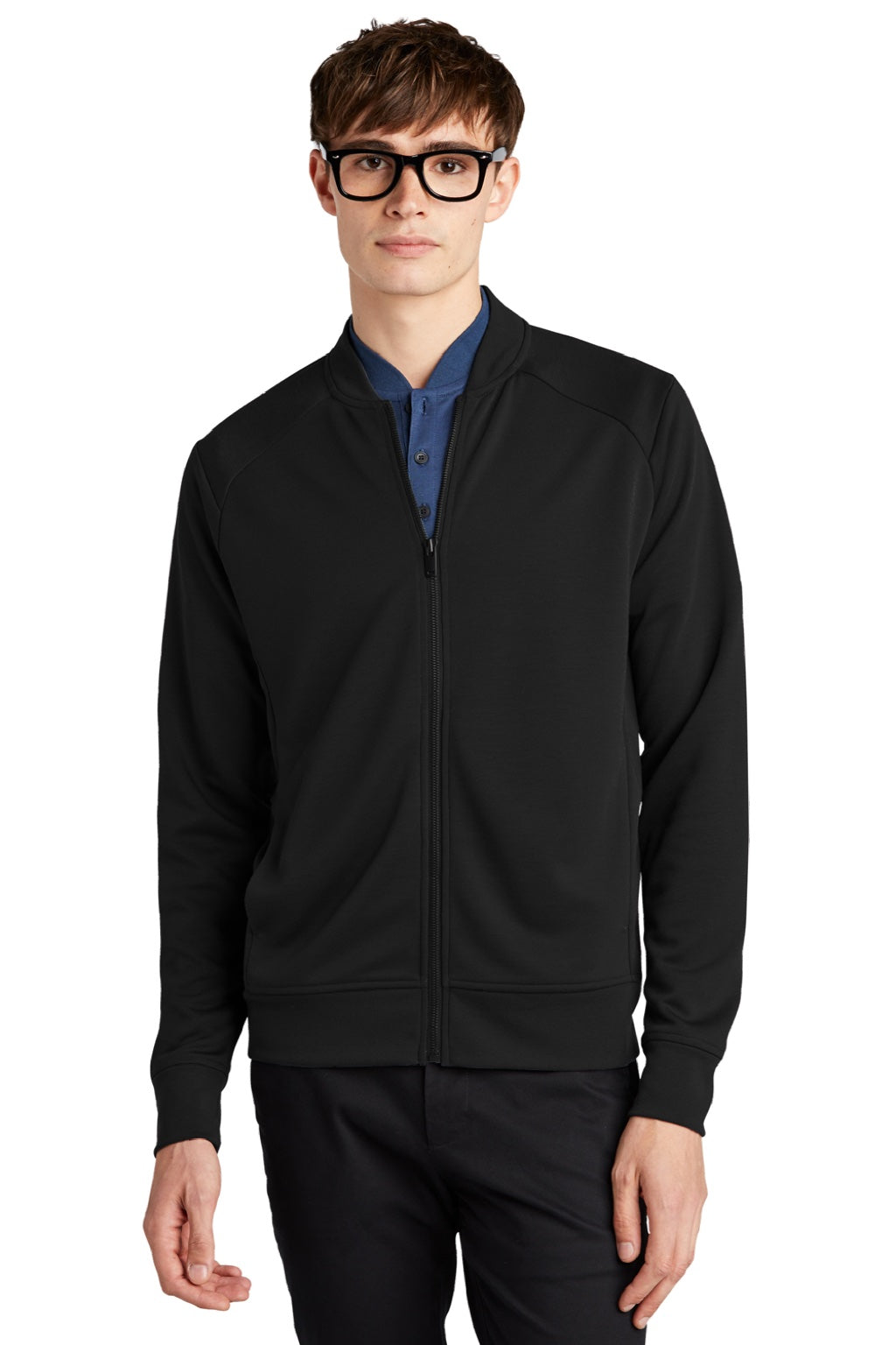 Mercer+Mettle MM3000 Mens Double Knit Full Zip Bomber Jacket Deep Black Model Front