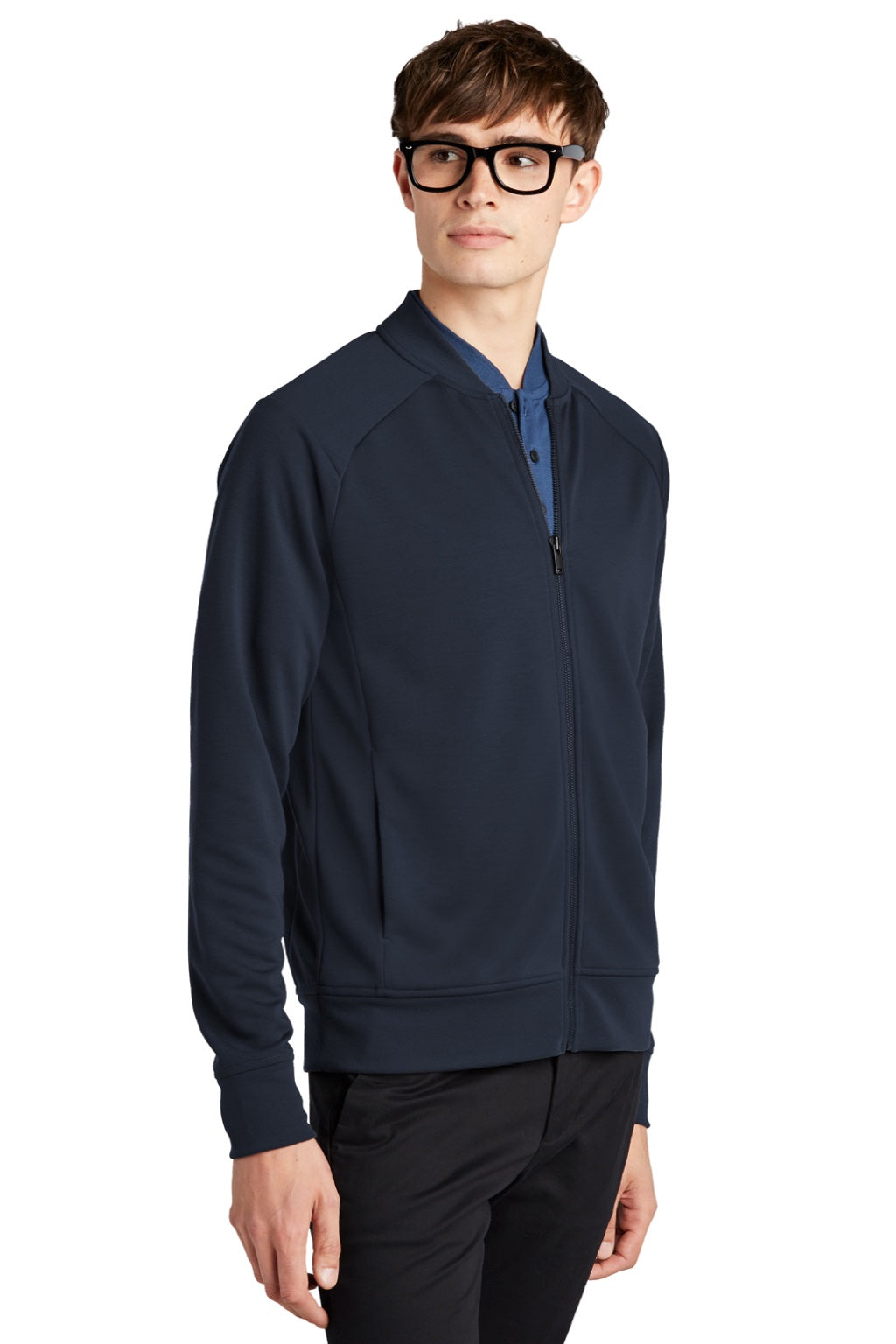 Mercer+Mettle MM3000 Mens Double Knit Full Zip Bomber Jacket Night Navy Blue Model 3Q