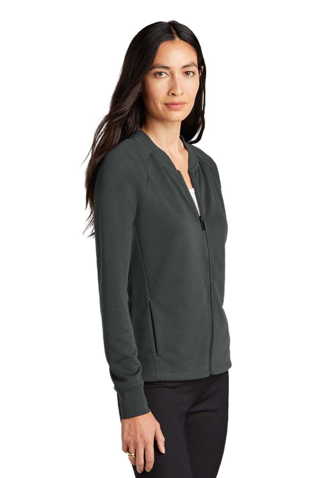 Mercer+Mettle MM3001 Womens Double Knit Full Zip Bomber Jacket Anchor Grey Model 3Q