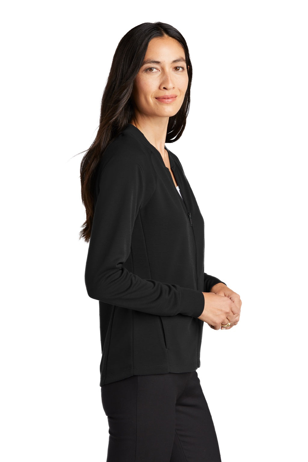Mercer+Mettle MM3001 Womens Double Knit Full Zip Bomber Jacket Deep Black Model Side