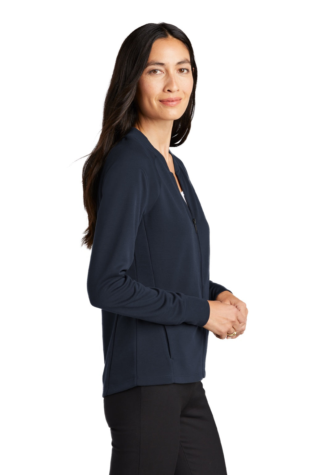 Mercer+Mettle MM3001 Womens Double Knit Full Zip Bomber Jacket Night Navy Blue Model Side