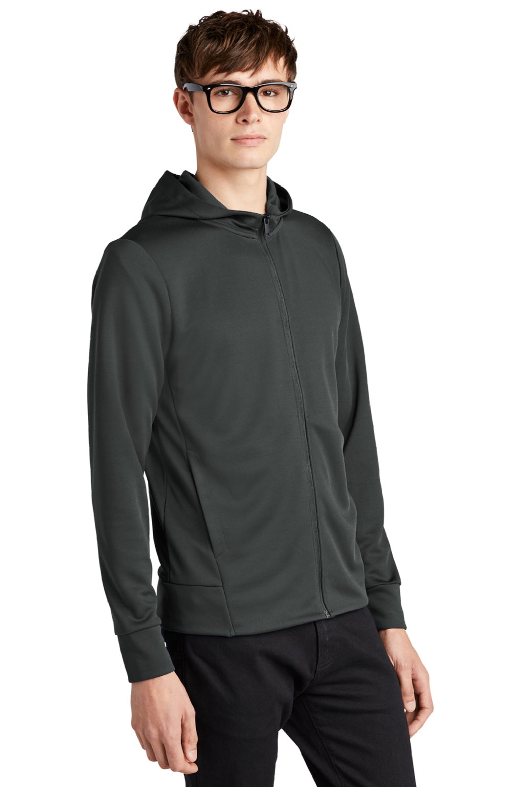 Mercer+Mettle MM3002 Mens Double Knit Full Zip Hooded Sweatshirt Hoodie w/ Pockets Anchor Grey Model 3Q