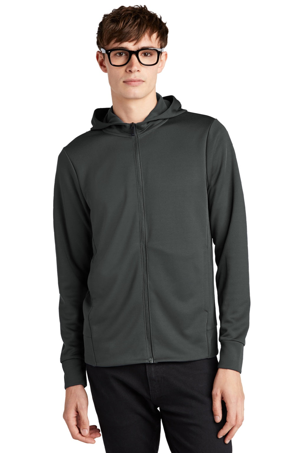 Mercer+Mettle MM3002 Mens Double Knit Full Zip Hooded Sweatshirt Hoodie w/ Pockets Anchor Grey Model Front