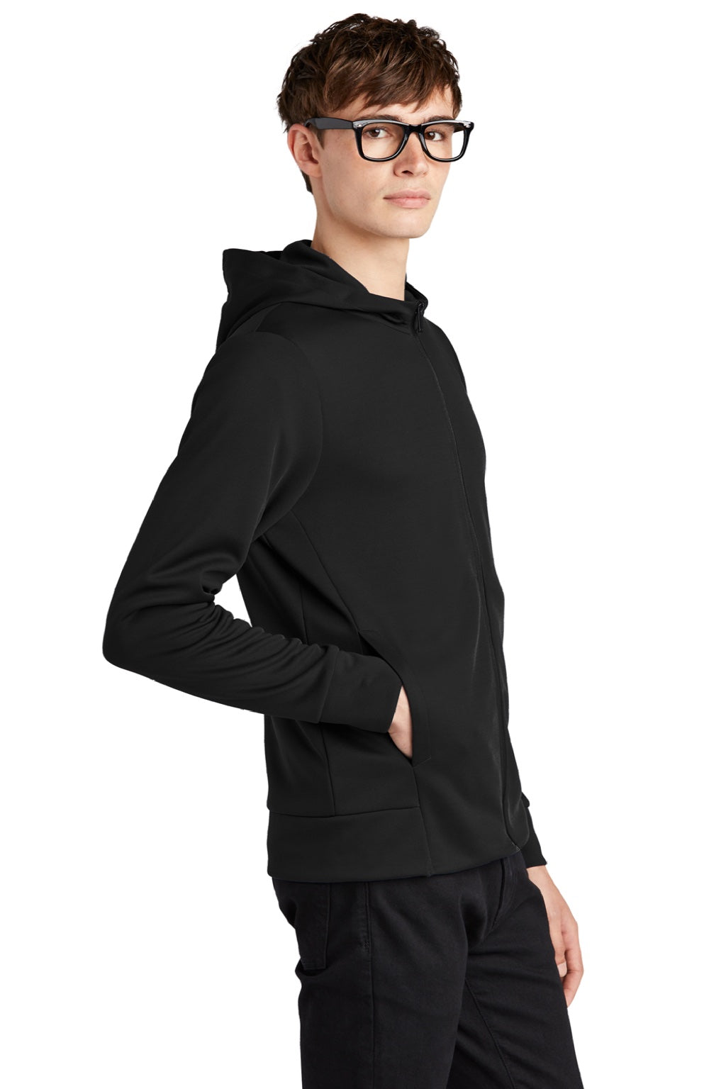 Mercer+Mettle MM3002 Mens Double Knit Full Zip Hooded Sweatshirt Hoodie w/ Pockets Deep Black Model Side