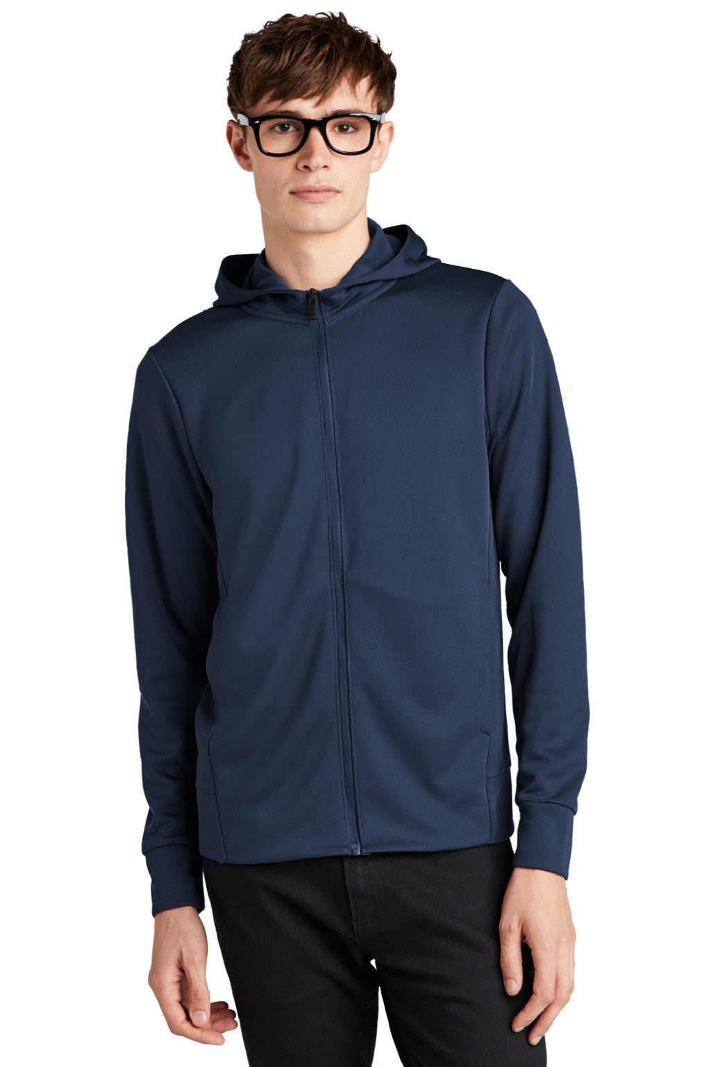 Mercer+Mettle MM3002 Mens Double Knit Full Zip Hooded Sweatshirt Hoodie w/ Pockets Insignia Blue Model Front