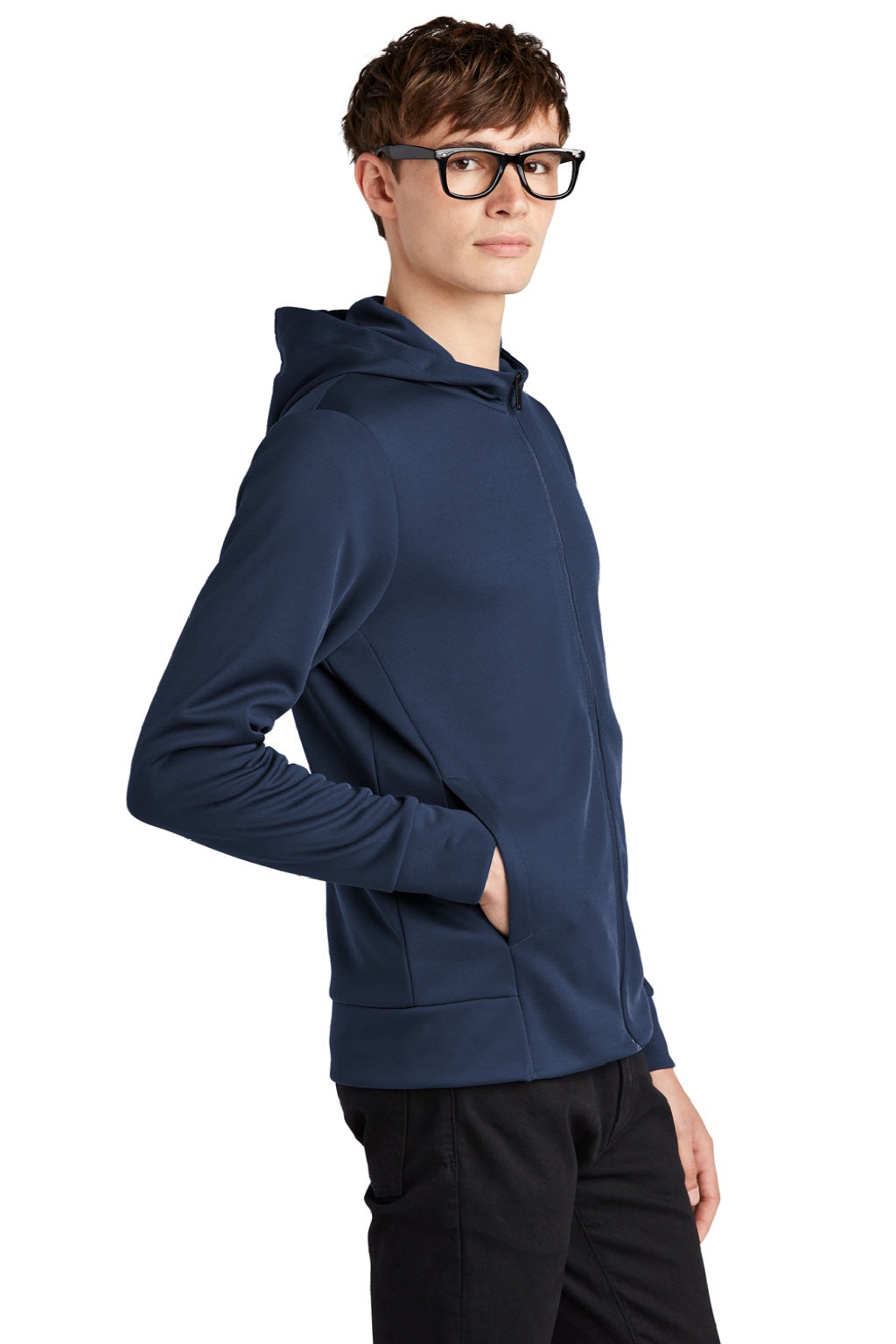 Mercer+Mettle MM3002 Mens Double Knit Full Zip Hooded Sweatshirt Hoodie w/ Pockets Insignia Blue Model Side