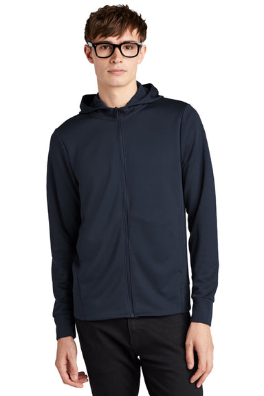 Mercer+Mettle MM3002 Mens Double Knit Full Zip Hooded Sweatshirt Hoodie w/ Pockets Night Navy Blue Model Front