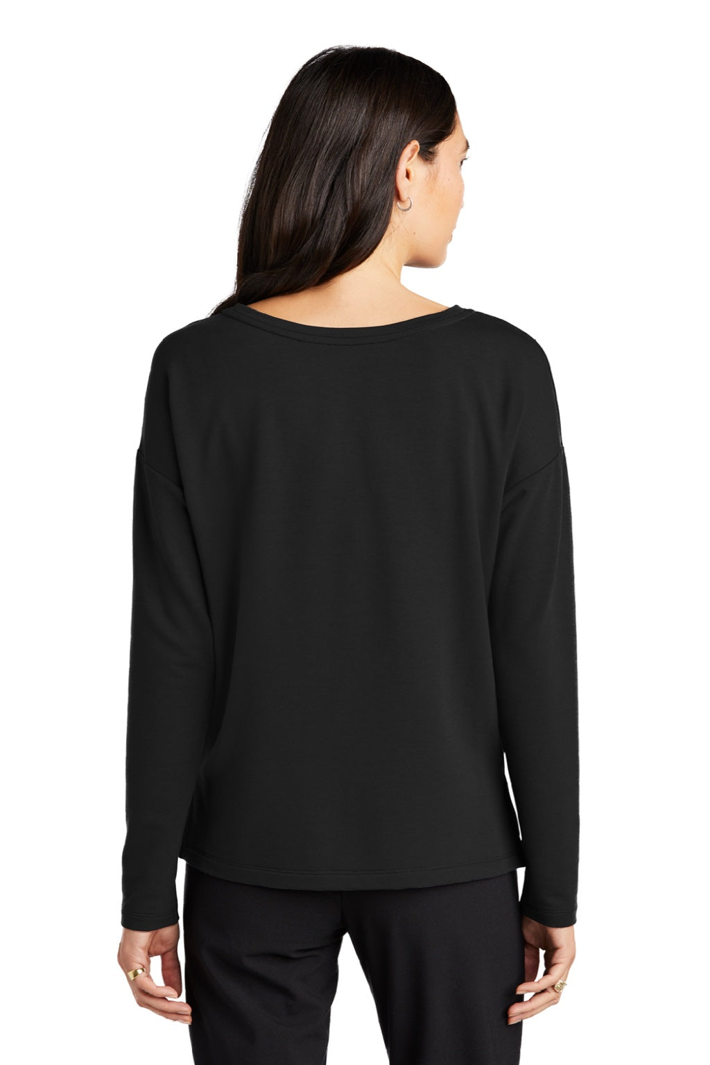 Mercer+Mettle MM3013 Womens Stretch Drop Shoulder Wide Crewneck Sweatshirt Deep Black Model Back