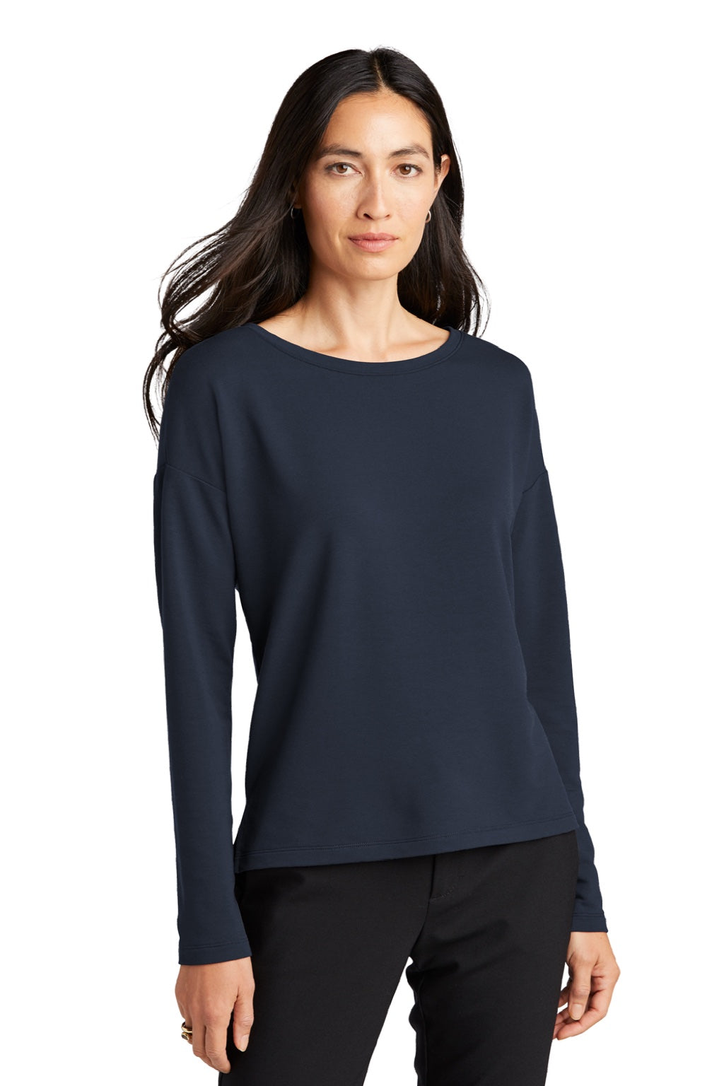 Mercer+Mettle MM3013 Womens Stretch Drop Shoulder Wide Crewneck Sweatshirt Night Navy Blue Model Front