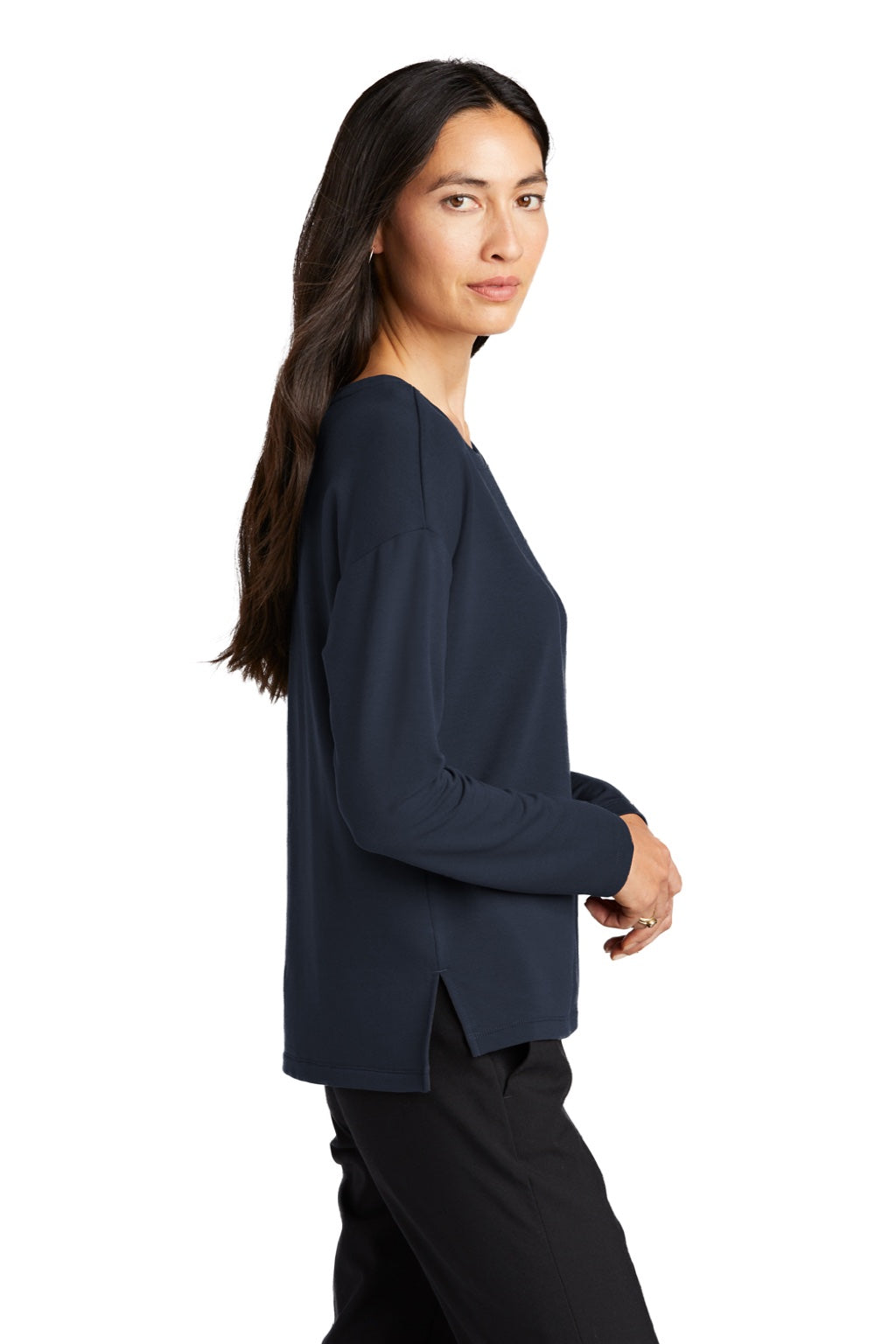 Mercer+Mettle MM3013 Womens Stretch Drop Shoulder Wide Crewneck Sweatshirt Night Navy Blue Model Side