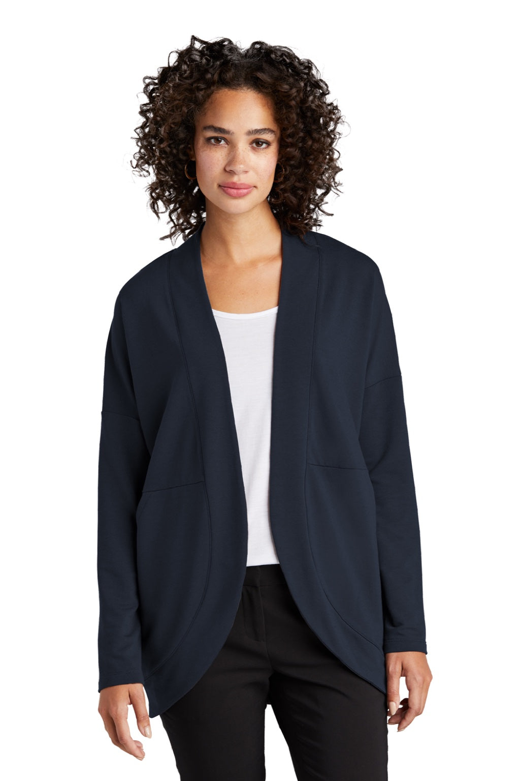 Mercer+Mettle MM3015 Womens Stretch Open Front Long Sleeve Cardigan Sweater Night Navy Blue Model Front