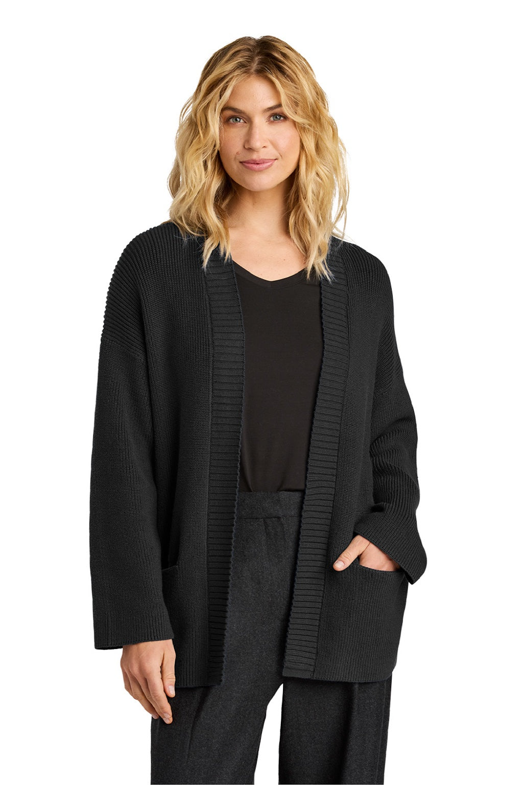Mercer+Mettle MM3021 Womens Open Cardigan Sweater w/ Pockets Deep Black Model Front