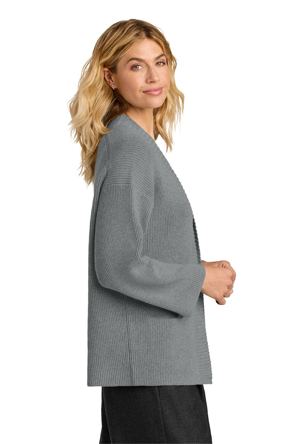 Mercer+Mettle MM3021 Womens Open Cardigan Sweater w/ Pockets Heather Gusty Grey Model Side