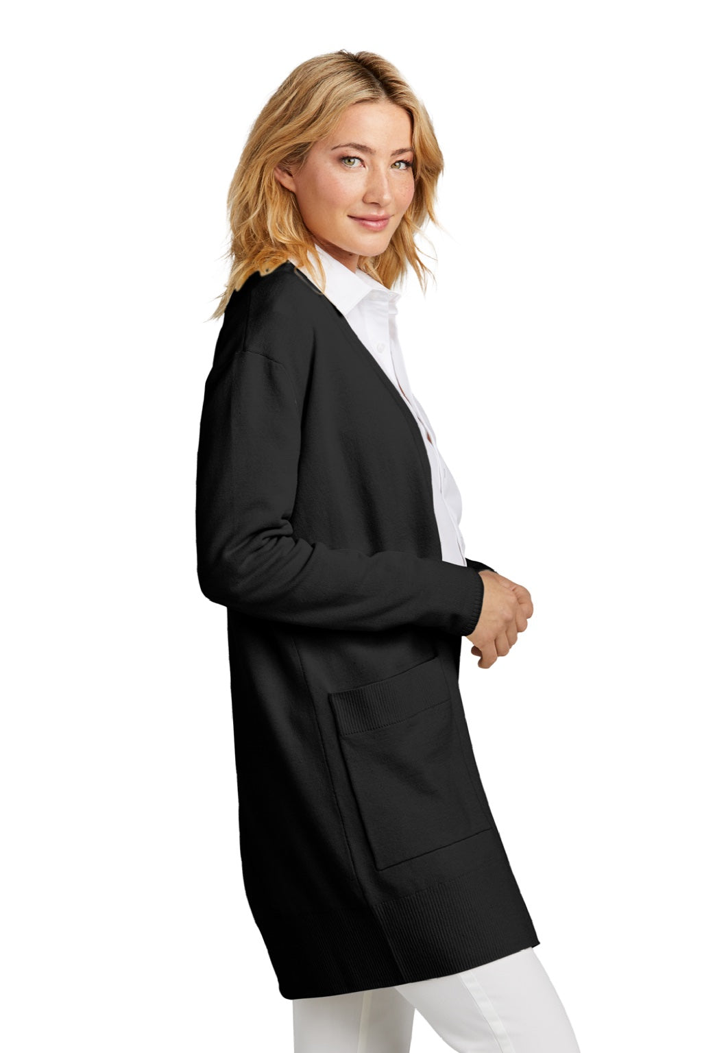 Mercer+Mettle MM3023 Womens Open Front Cardigan Sweater Deep Black Model Side