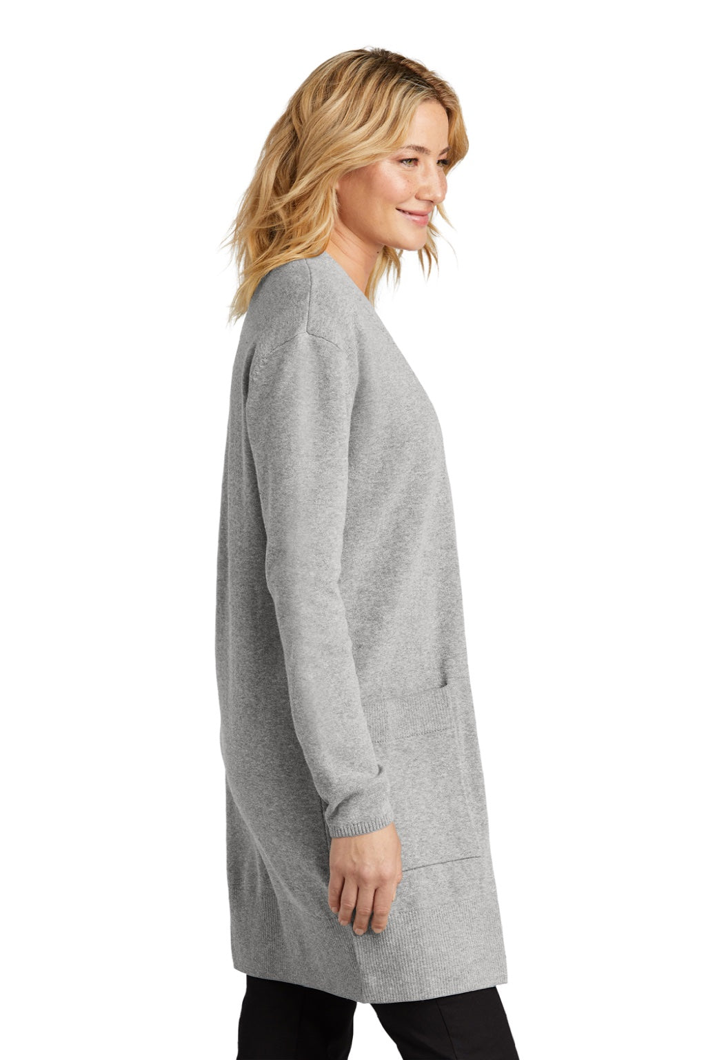 Mercer+Mettle MM3023 Womens Open Front Cardigan Sweater Heather Gusty Grey Model Side