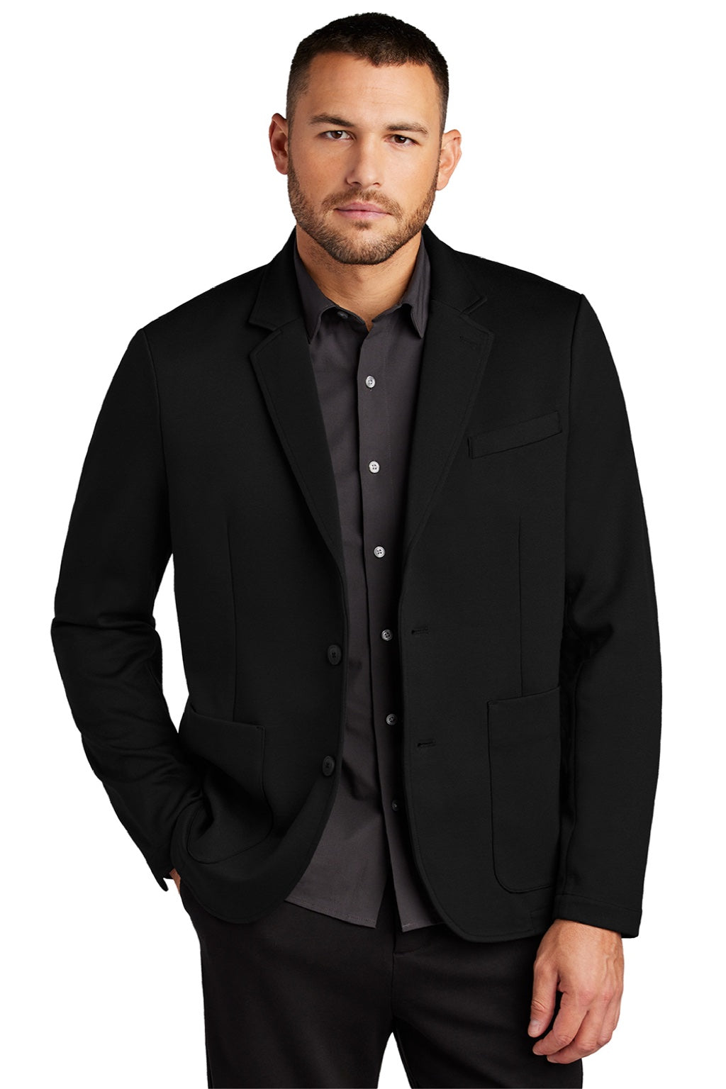 Mercer+Mettle MM3030 Mens Snag Resistant Relaxed Knit Blazer w/ Pockets Deep Black Model Front