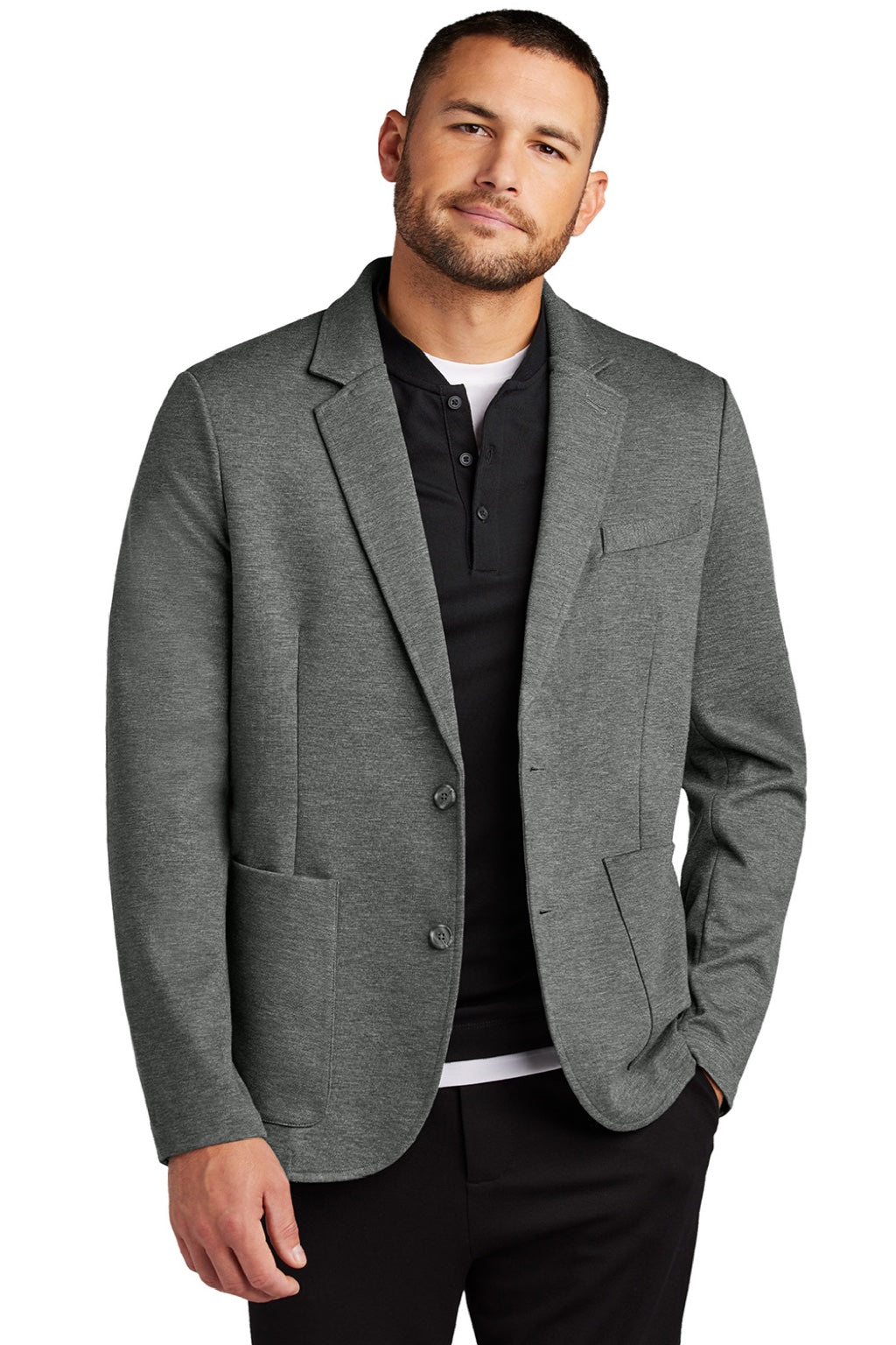 Mercer+Mettle MM3030 Mens Snag Resistant Relaxed Knit Blazer w/ Pockets Heather Storm Grey Model Front
