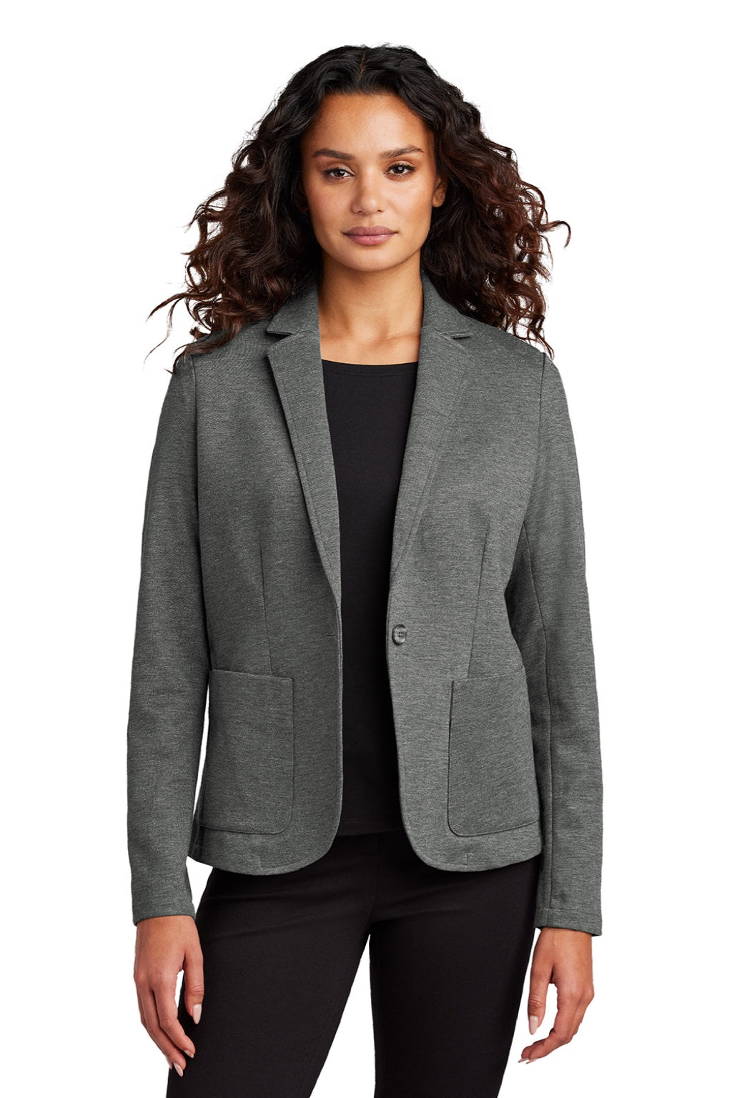 Mercer+Mettle MM3031 Womens Snag Resistant Relaxed Knit Blazer w/ Pockets Heather Storm Grey Model Front