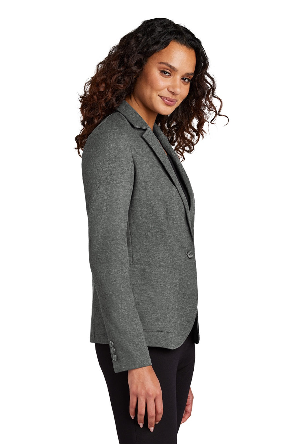 Mercer+Mettle MM3031 Womens Snag Resistant Relaxed Knit Blazer w/ Pockets Heather Storm Grey Model Side
