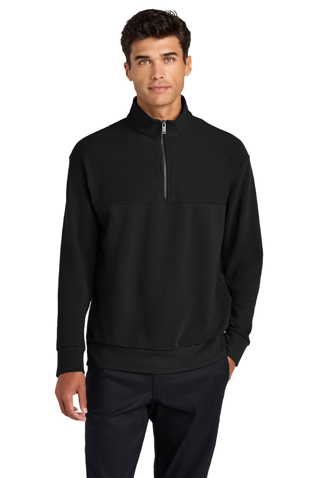 Mercer+Mettle MM3040 Mens Linear Texture Odor Resistant 1/4 Zip Sweatshirt Deep Black Model Front
