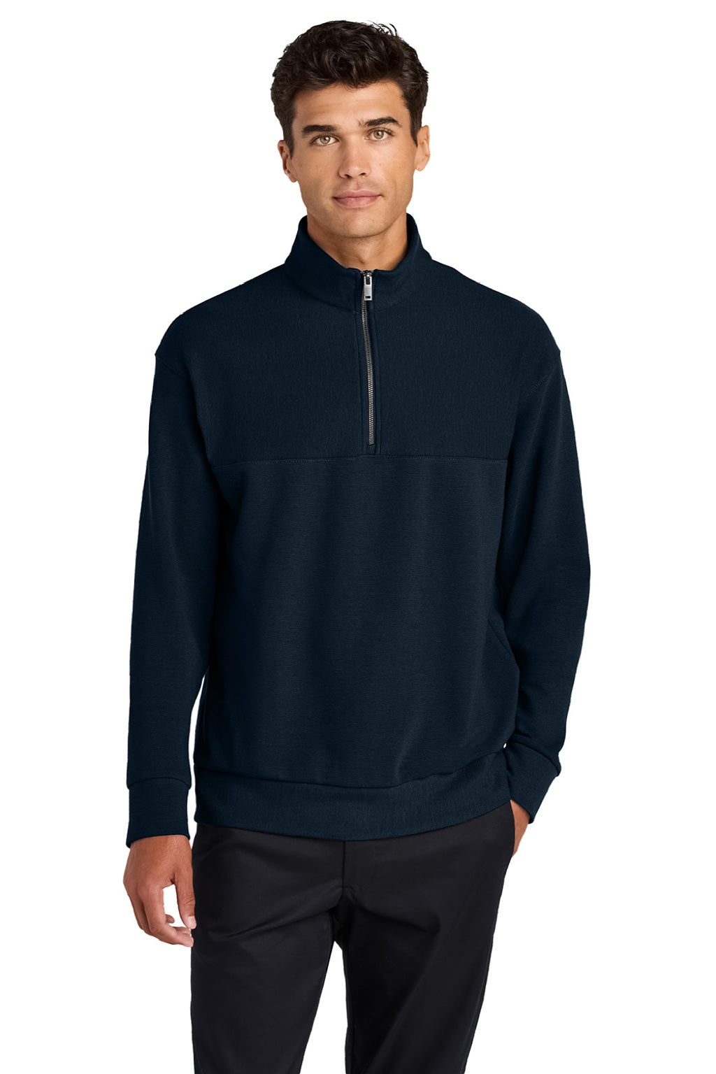 Mercer+Mettle MM3040 Mens Linear Texture Odor Resistant 1/4 Zip Sweatshirt Night Navy Bue Model Front