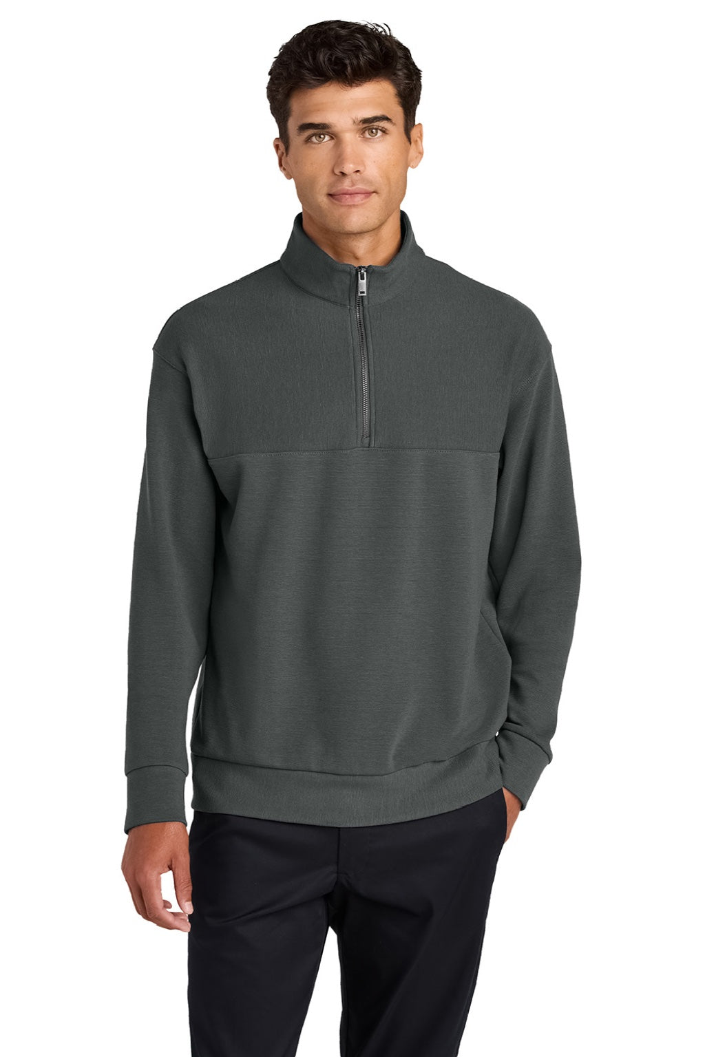 Mercer+Mettle MM3040 Mens Linear Texture Odor Resistant 1/4 Zip Sweatshirt Storm Grey Model Front