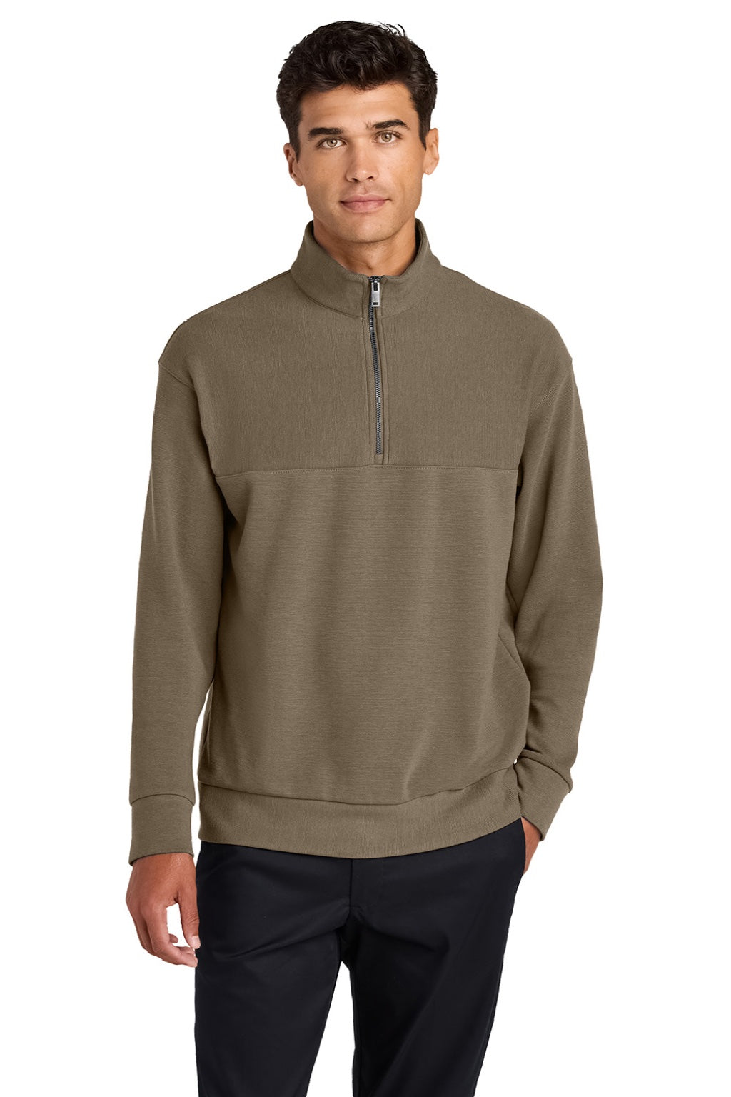 Mercer+Mettle MM3040 Mens Linear Texture Odor Resistant 1/4 Zip Sweatshirt Warm Taupe Brown Model Front