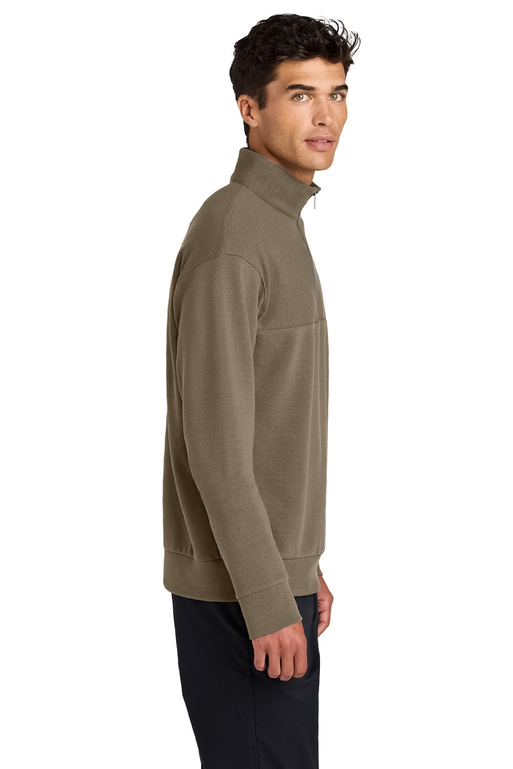 Mercer+Mettle MM3040 Mens Linear Texture Odor Resistant 1/4 Zip Sweatshirt Warm Taupe Brown Model Side
