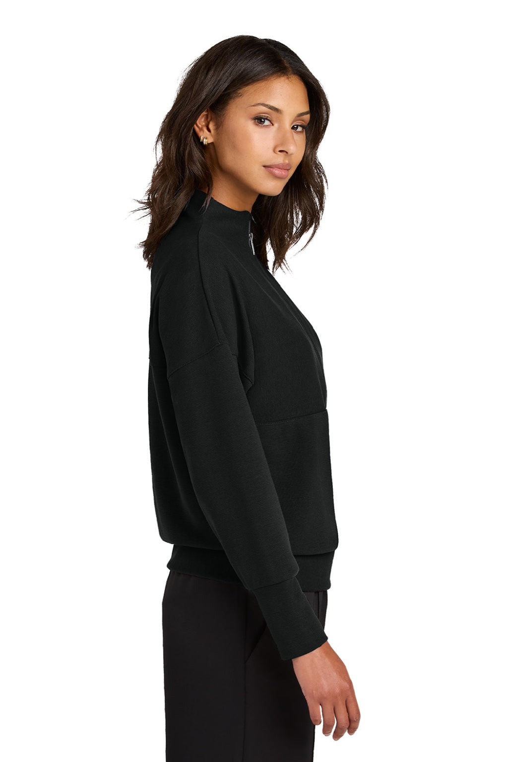 Mercer+Mettle MM3041 Womens Linear Texture Odor Resistant 1/4 Zip Sweatshirt Deep Black Model Side