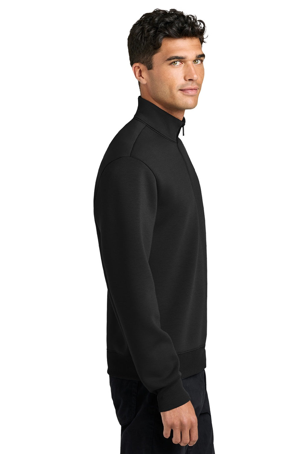 Mercer+Mettle MM3100 Mens Soft Spacer 1/4 Zip Sweatshirt Deep Black Model Side